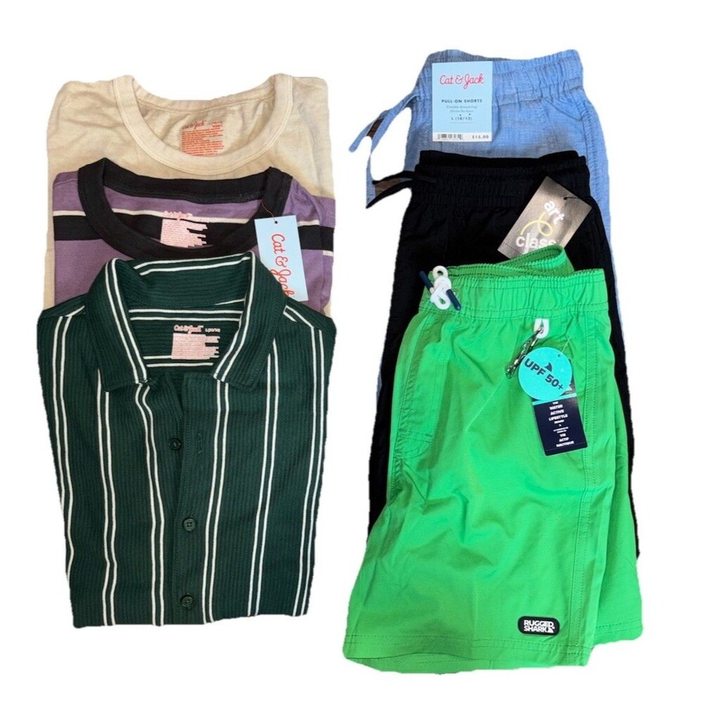 Cat & Jack + Art Class + Rugged Shark Boy 10/12 Shirts, Shorts, Swim Trunk Lot